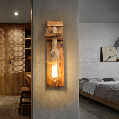 Rectangular Wood Hemp Rope 1-Light Wall Sconce Lamp