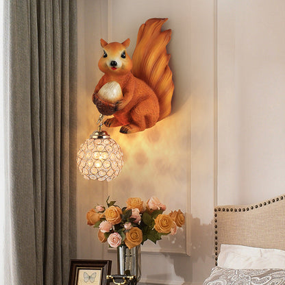 Kids Squirrel Ball Crystal Resin 1-Light Wall Sconce Lamp