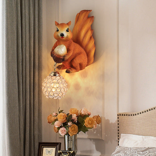 Kids Squirrel Ball Crystal Resin 1-Light Wall Sconce Lamp