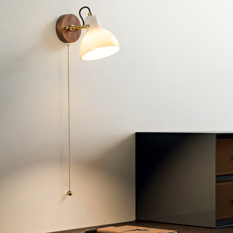 Simplicity Wood Glass Round Conic 1-Light Wall Sconce Lamp