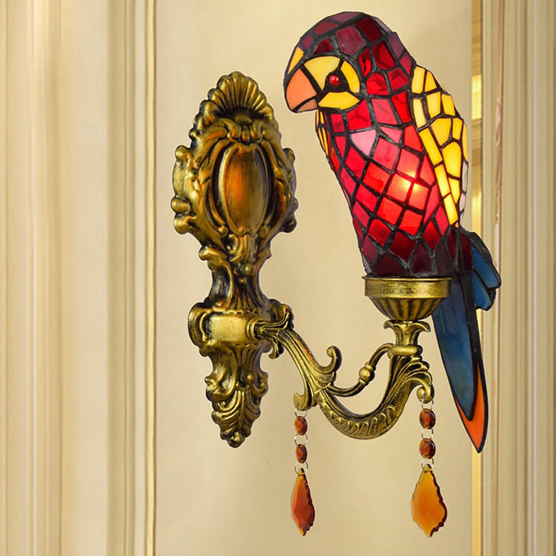 Tiffany Glass Parrot Crystal 1-Light Wall Sconce Lamp
