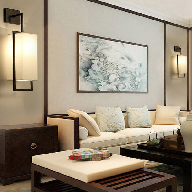 Chinese Square Fabric Iron Frame 1-Light Wall Sconce Lamp