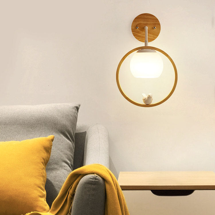 Scandinavian Bird Round Wood Glass 1-Light Wall Sconce Lamp