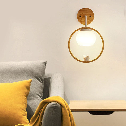 Scandinavian Bird Round Wood Glass 1-Light Wall Sconce Lamp