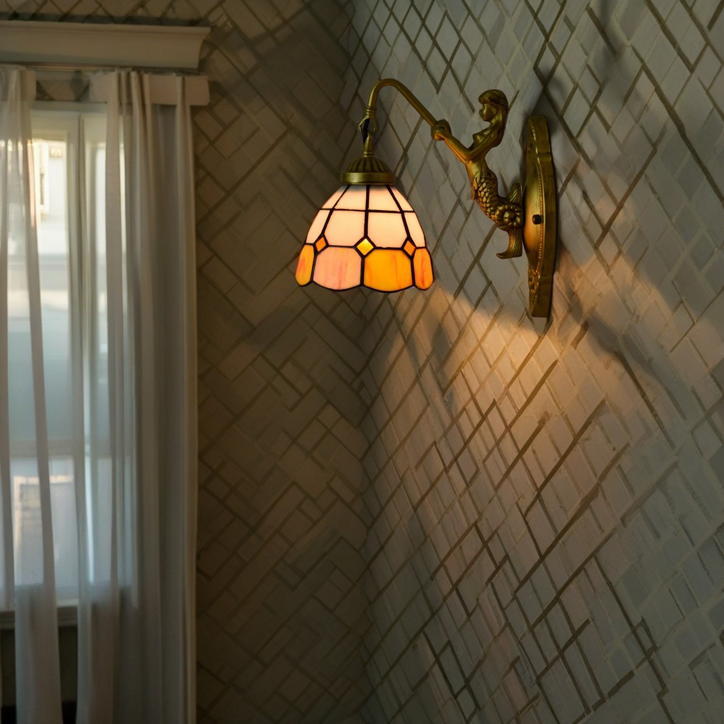 Tiffany Mermaid Resin Iron Glass 1-Light Wall Sconce Lamp