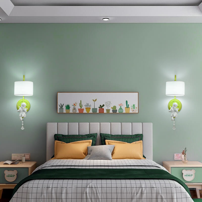 Angel Resin Round Fabric 1-Light Wall Sconce Lamp