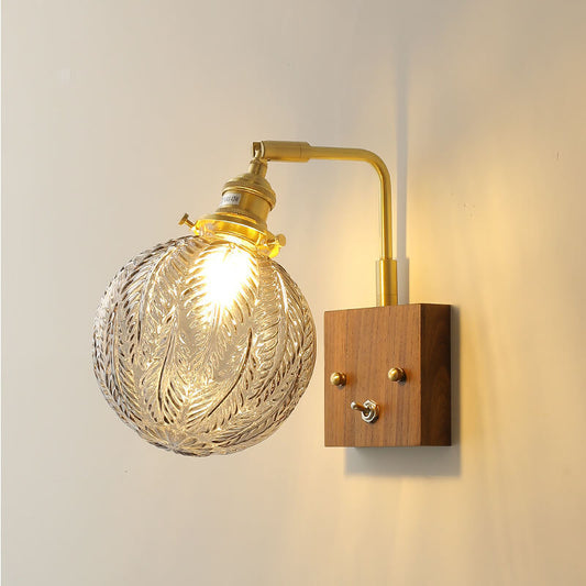 Japanese Round Ball Wood Brass 1-Light Wall Sconce Lamp