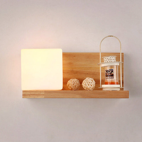 Creative Rubberwood Glass Square 1-Light Wall Sconce Lamp