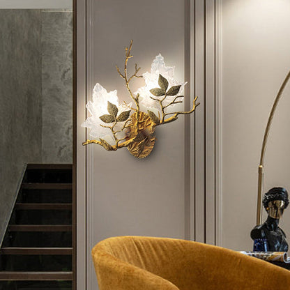 Copper Glass Maple Leaf Branch 2-Light Wall Sconce Lamp