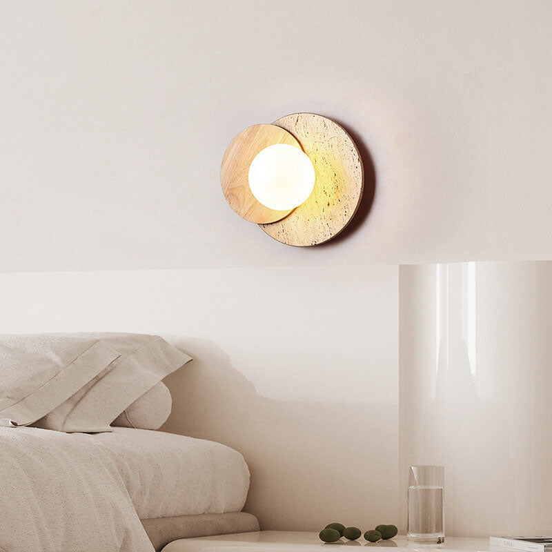 Modern Minimalist Round Wood Stone 1-Light Wall Sconce Lamp