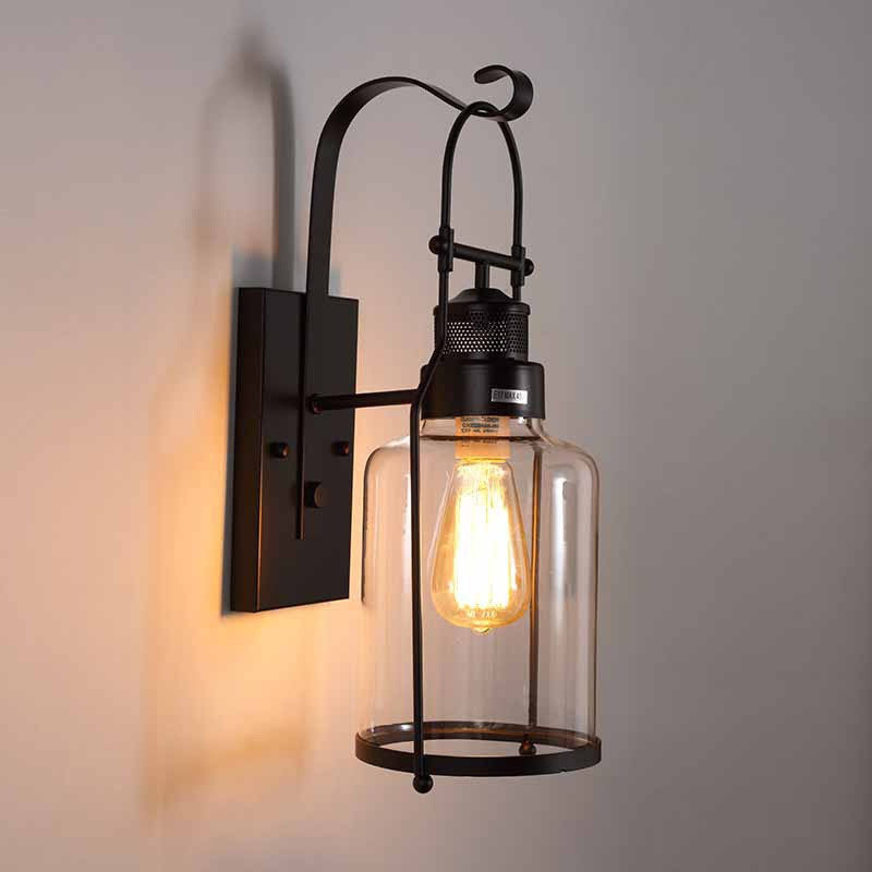 Industrial Iron Glass Cylinder 1-Light Wall Sconce Lamp