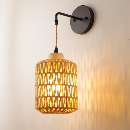 Lantern Weaving Rattan Wood Iron 1-Light Wall Sconce Lamp