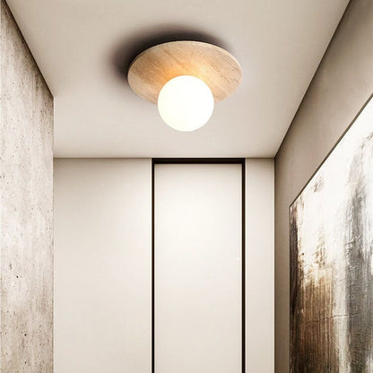 Traditional Vintage Round Travertine 1-Light Flush Mount Ceiling Light For Hallway