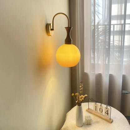Wooden Iron Lamp Arm Glass Ball 1-Light Wall Sconce Lamp
