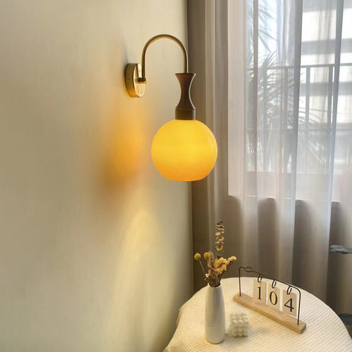 Wooden Iron Lamp Arm Glass Ball 1-Light Wall Sconce Lamp