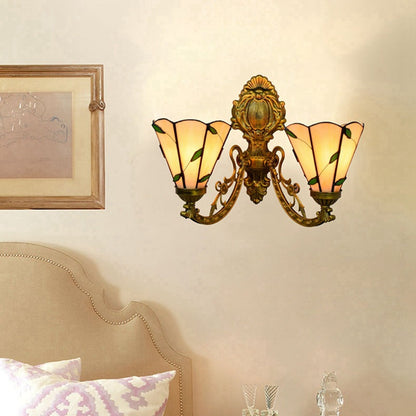 Tiffany Resin Glass Conic Foliage 2-Light Wall Sconce Lamp