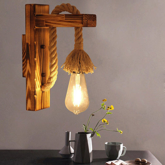 Wood Rope Iron Glass Cubic Pendant 1-Light Wall Sconce Lamp