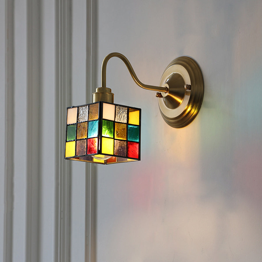 Square Cube Tulip Brass Glass 1-Light Wall Sconce Lamp
