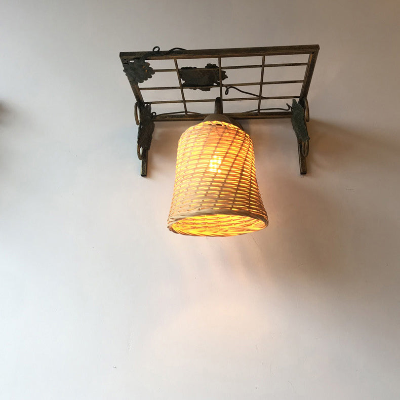 Rectangular Iron Bamboo Woven 1-Light Wall Sconce Lamp