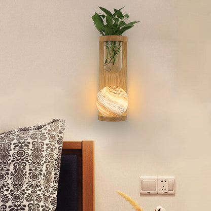 Glass Wood Planet Log Base Plant 1-Light Wall Sconce Lamp