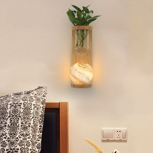 Glass Wood Planet Log Base Plant 1-Light Wall Sconce Lamp
