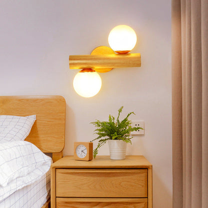 Cylinder Orb Wood Hardware Glass 2-Light Wall Sconce Lamp