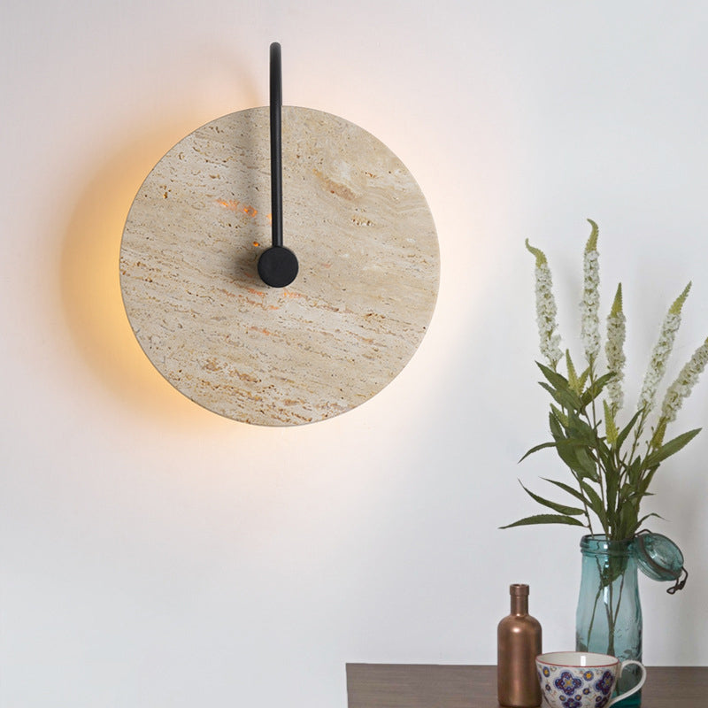Round Iron Yellow Travertine 1-Light Wall Sconce Lamp