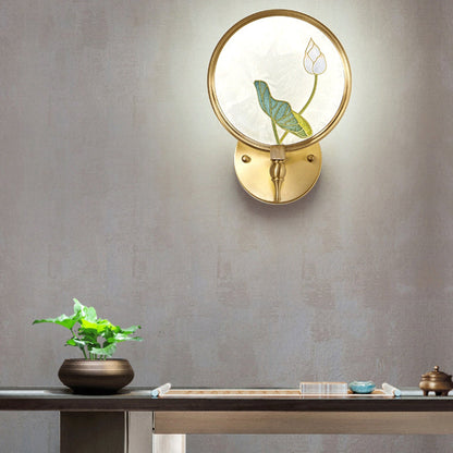 Chinese Enamel Lotus Flower Decor LED Wall Sconce Lamp