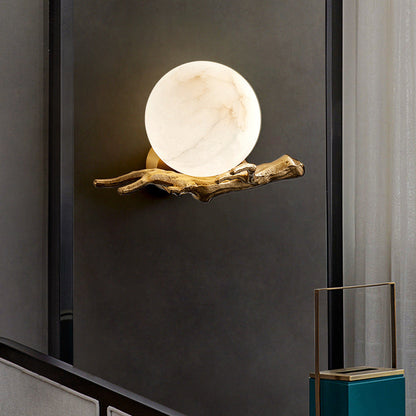 Chinese Twig Orb Brass Marble LED Wall Sconce Lamp