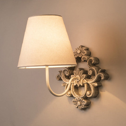Carved Cylinder Solid Wood Fabric 1-Light Wall Sconce Lamp