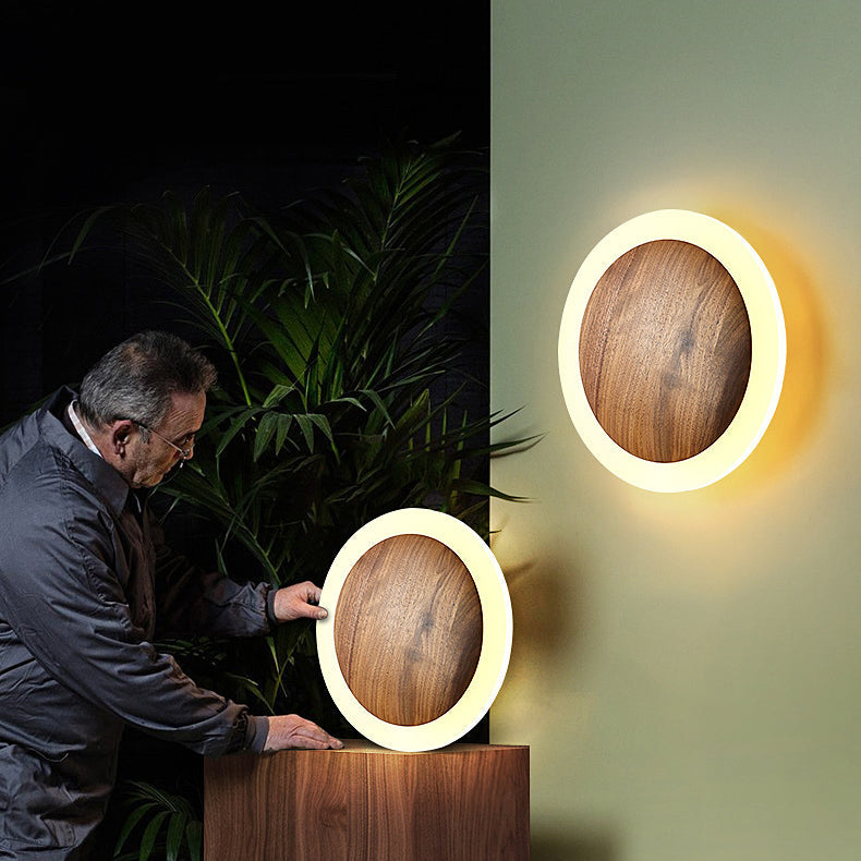 Japanese Black Walnut Round Shade LED Wall Sconce Lamp