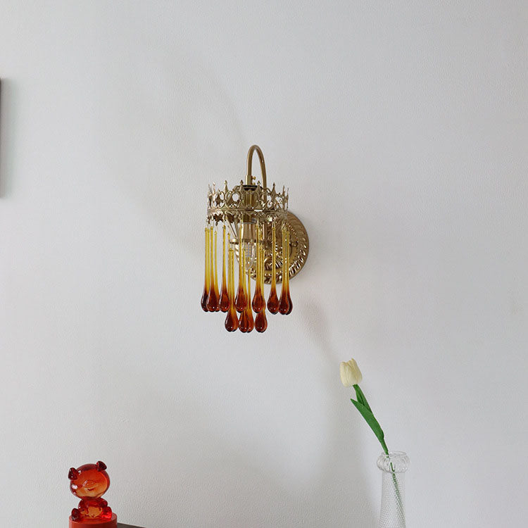 French Brown Water Drop Glass 1-Light Wall Sconce Lamp