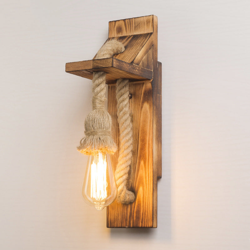 Rectangular Wood Hemp Rope 1-Light Wall Sconce Lamp