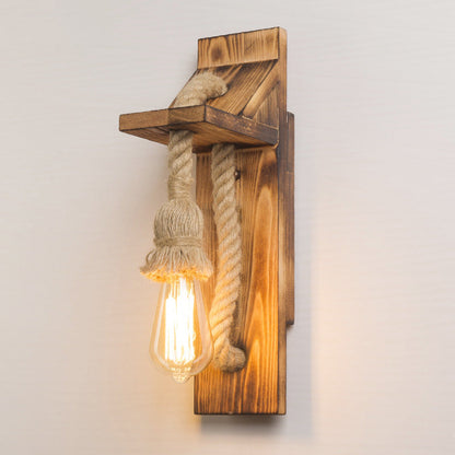 Rectangular Wood Hemp Rope 1-Light Wall Sconce Lamp