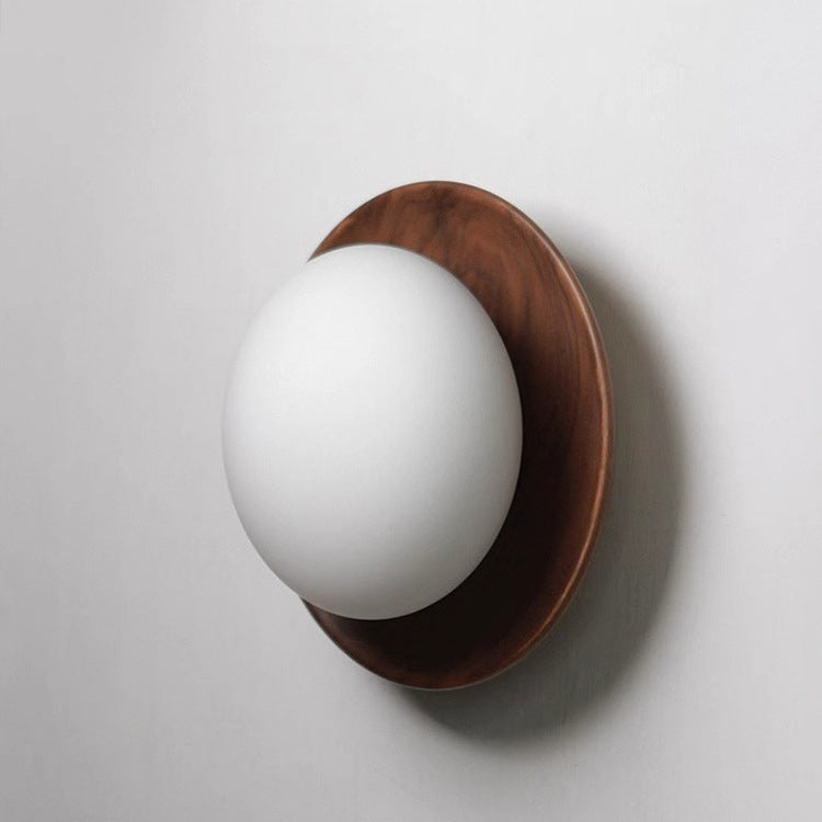 Modern Minimalist Round Glass Wood 1-Light Wall Sconce Lamp