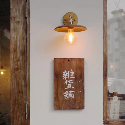 Round Wood Grain Brass Wood 1-Light Wall Sconce Lamp