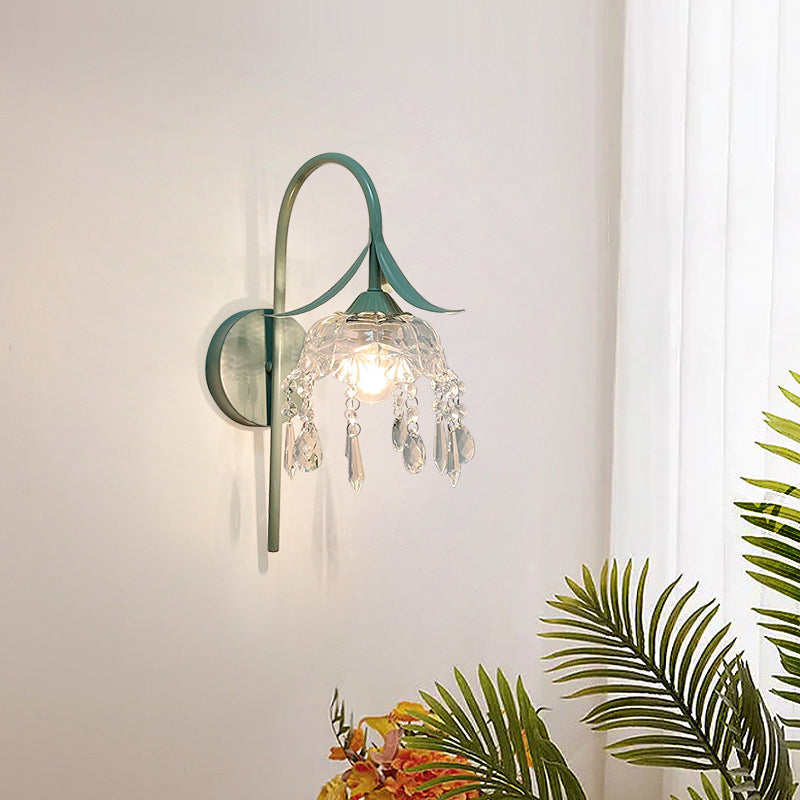 Iron Flower Glass Shade Crystal 1-Light Wall Sconce Lamp