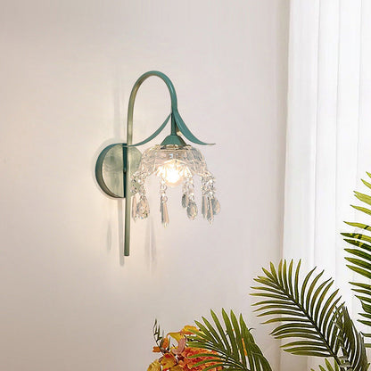 Iron Flower Glass Shade Crystal 1-Light Wall Sconce Lamp