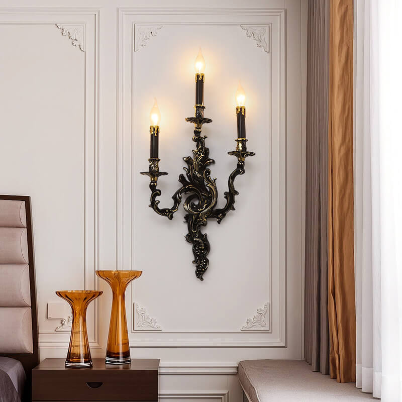 French Black Copper Candlestick 3-Light Wall Sconce Lamp