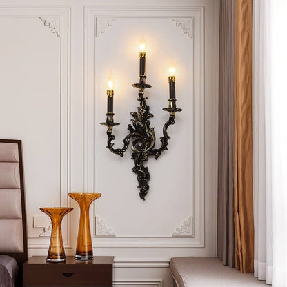 French Black Copper Candlestick 3-Light Wall Sconce Lamp