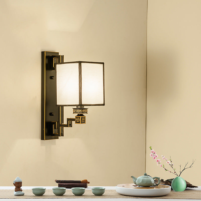 Chinese Iron Copper Fabric Square 1-Light Wall Sconce Lamp