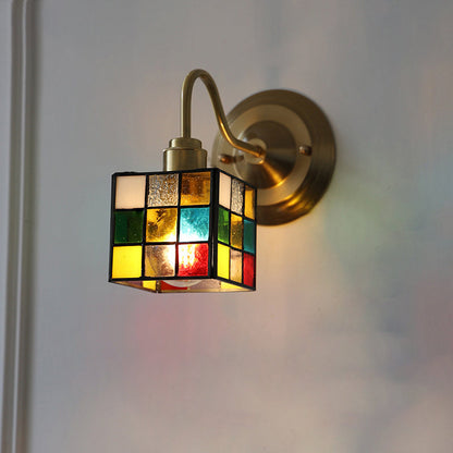 Square Cube Tulip Brass Glass 1-Light Wall Sconce Lamp