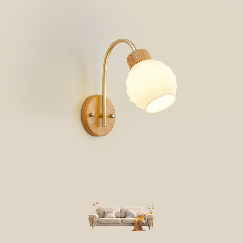 Bell Pleated Glass Shade Wood 1-Light Wall Sconce Lamp