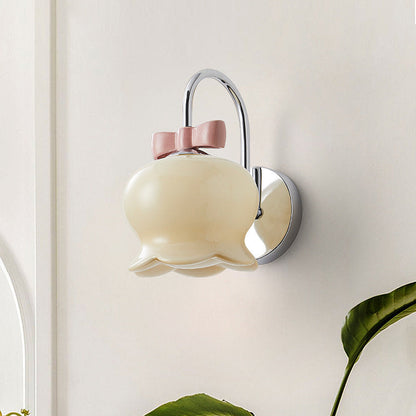 Cream Orchid Flower Bow Iron Glass 1-Light Wall Sconce Lamp