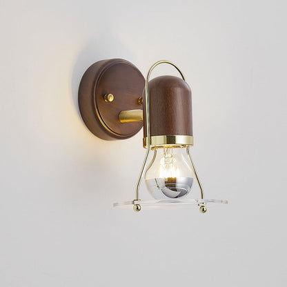 Walnut Acrylic Cylinder Round Disk 1-Light Wall Sconce Lamp