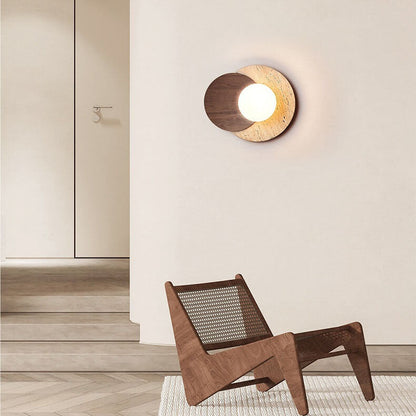 Modern Minimalist Round Wood Stone 1-Light Wall Sconce Lamp