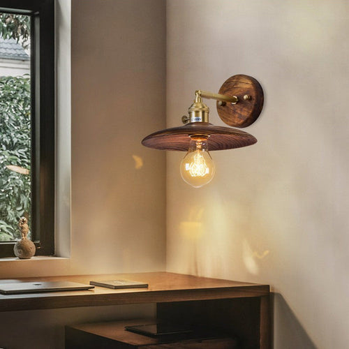 Round Wood Grain Brass Wood 1-Light Wall Sconce Lamp