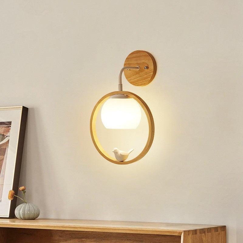 Scandinavian Bird Round Wood Glass 1-Light Wall Sconce Lamp