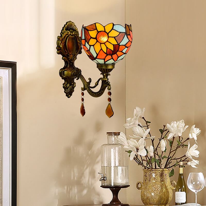 Tiffany Sunflower Stained Glass 1-Light Wall Sconce Lamp