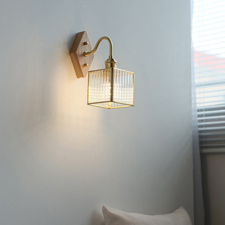 Square Copper Glass Wood 1-Light Wall Sconce Lamp